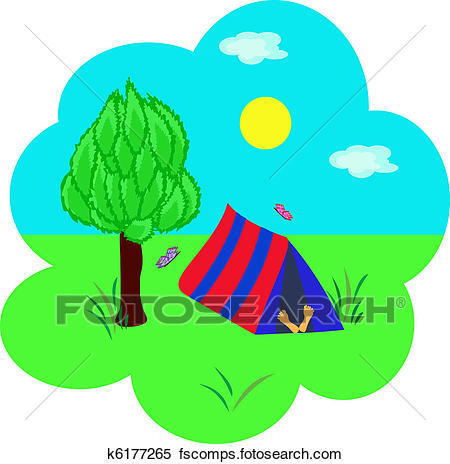 450x464 Clipart Of Tourism, Tent Under A Tree And The Sleeping Person