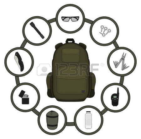 450x442 Traveler Backpack Contents. Tourism Objects In Round Frame. Vector