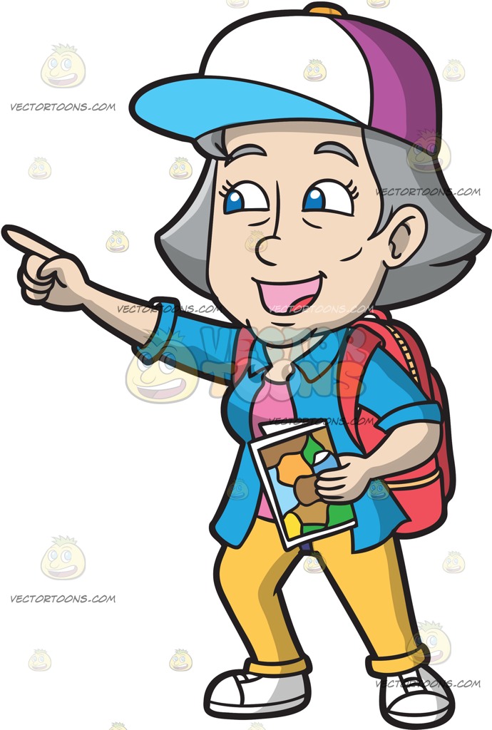 690x1024 An Excited Mature Female Tourist Cartoon Clipart