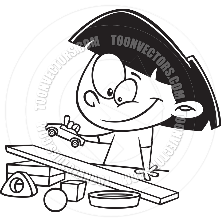 940x940 Cartoon Girl Playing With A Toy Car And Ramp (Black Amp White Line