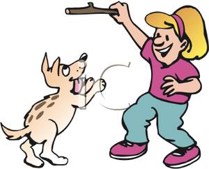 300x242 Colorful Cartoon Of A Girl Training Her Dog To Fetch A Stick