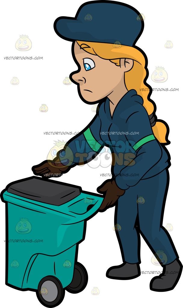 608x1024 A Female Garbage Collector Worker Getting A Trash Bin Cartoon