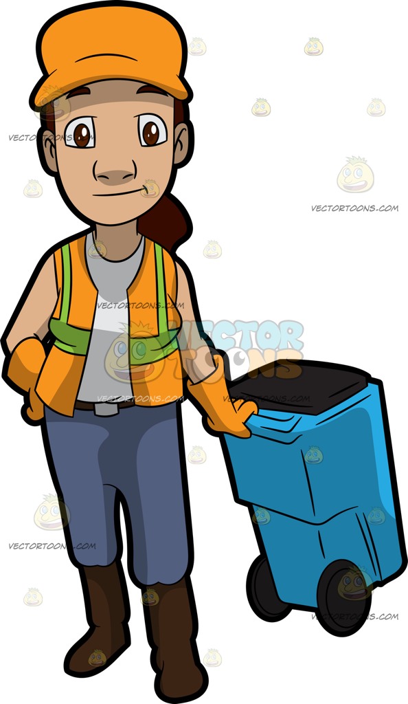 594x1024 A Female Sanitation Worker Pulling A Garbage Bin Cartoon Clipart