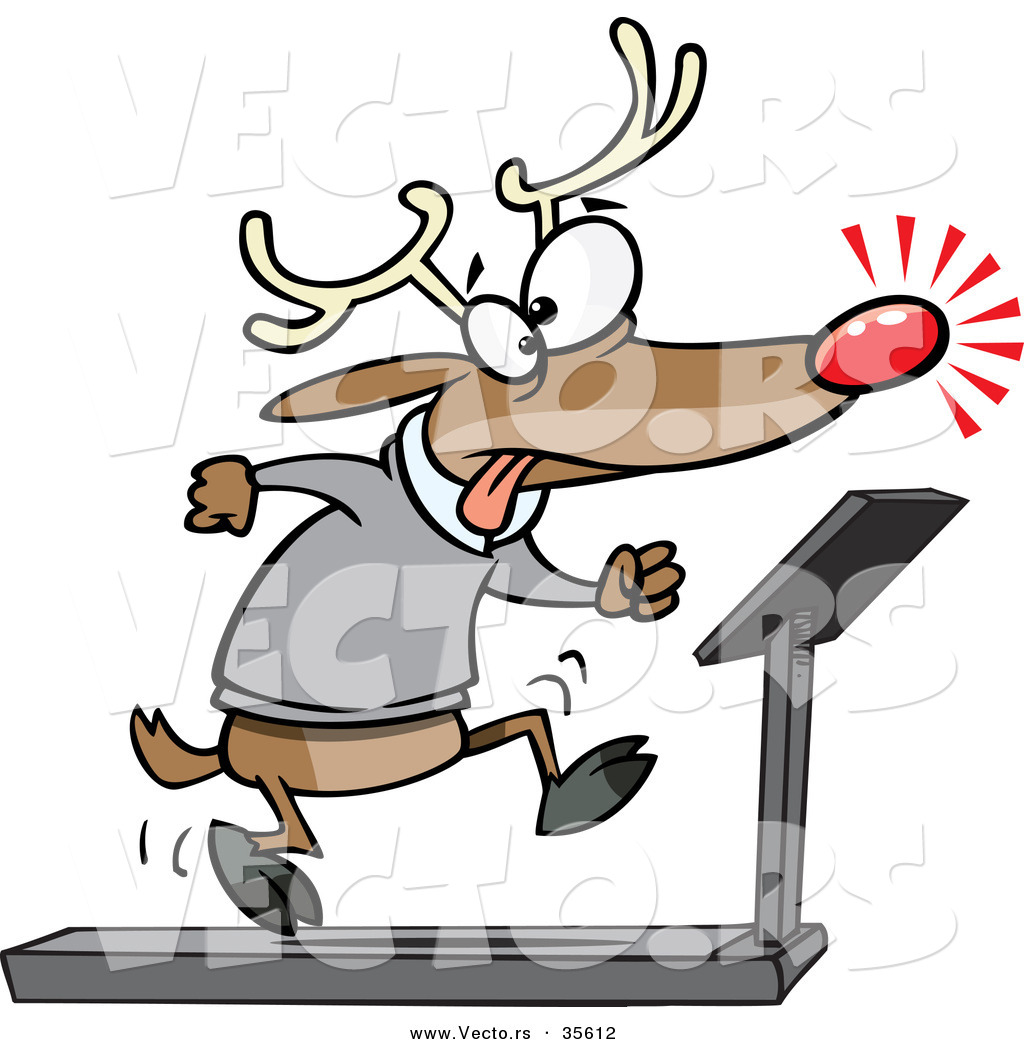 1024x1044 Cartoon Vector Of A Tired Christmas Reindeer Running On Treadmill