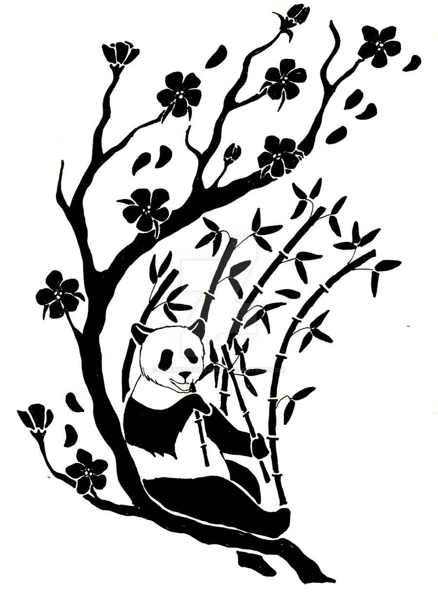 900x1221 Nice Tribal Panda Eating Bamboos With Flowers On Tree Branches