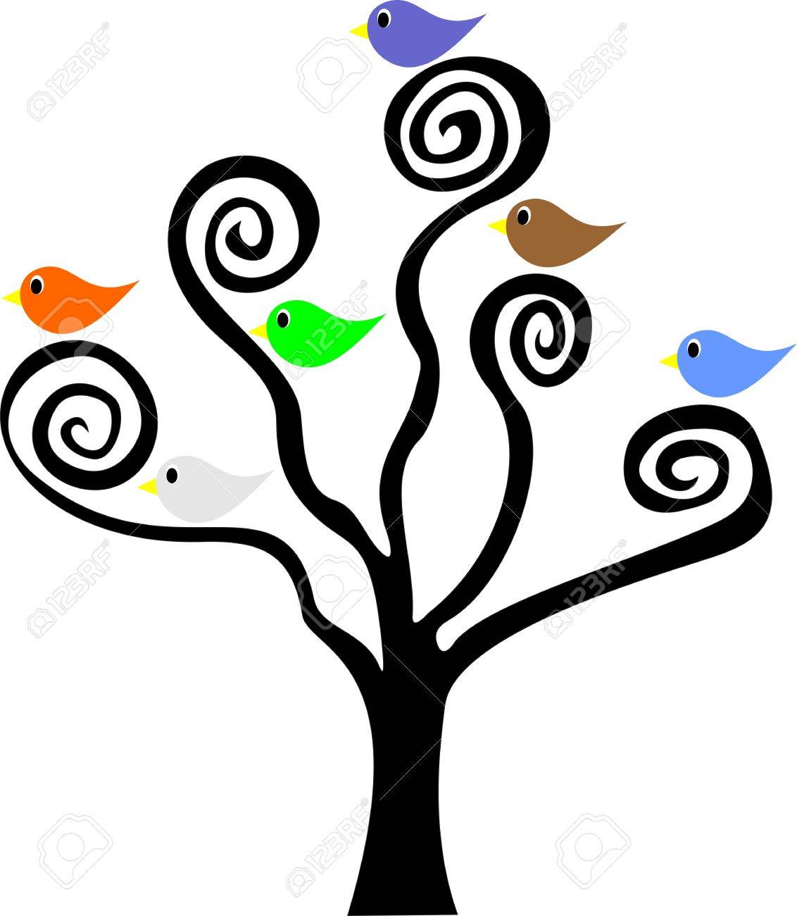 1132x1300 Six Birds Sitting In A Tree With Spiral Branches Royalty Free