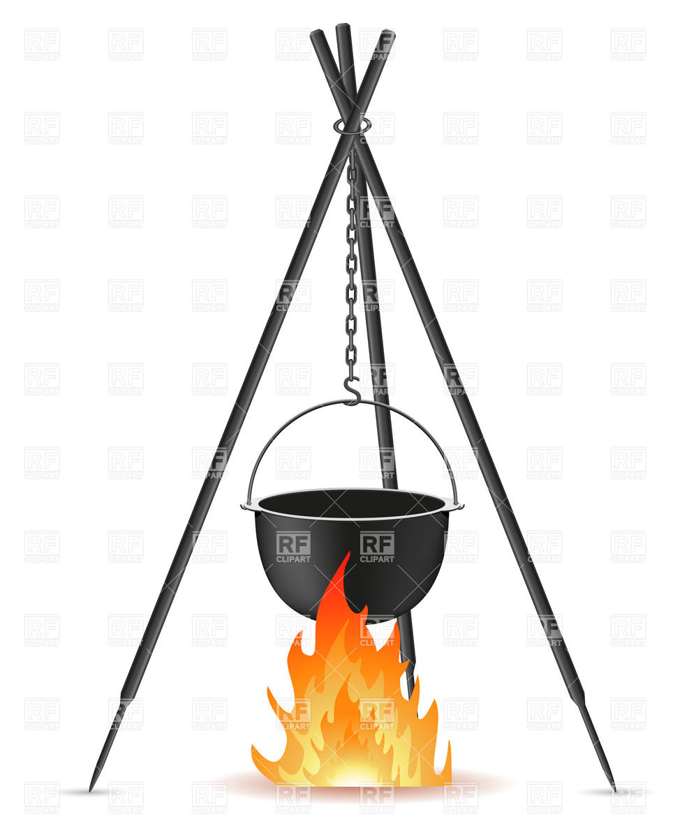 987x1200 Touristic Pot Over Bonfire On Tripod Royalty Free Vector Clip Art