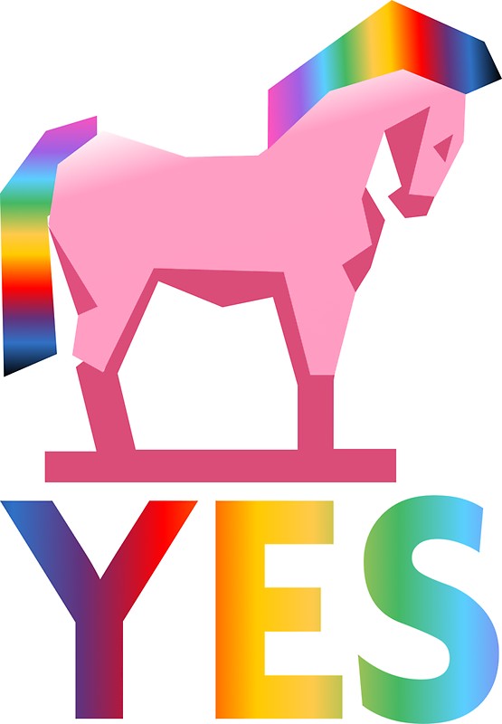 555x800 Rainbow Trojan Horse Says Yes Stickers By Oli Young Redbubble