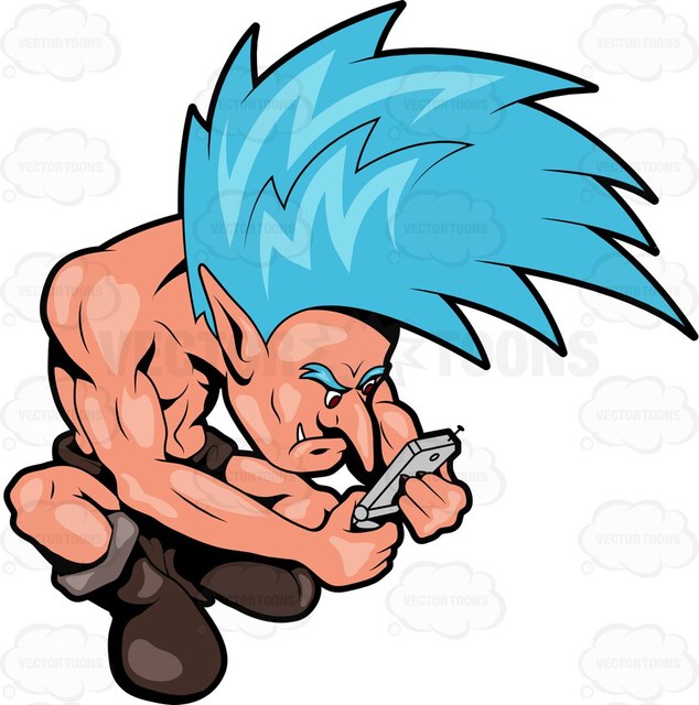 634x640 A Troll Reading A Text Message On His Cellphone Cartoon Clipart