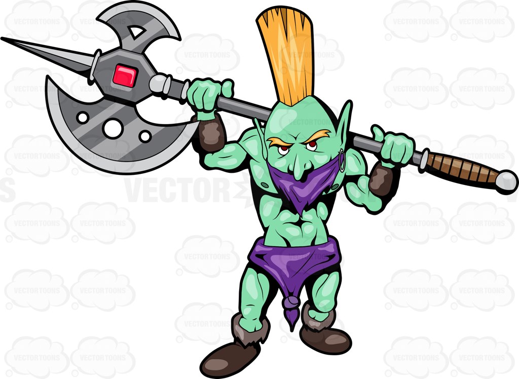 1024x748 A Troll Warrior Poses With His Halberd Cartoon Clipart