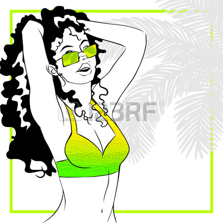 450x450 Tropical Line Art Illustration Of A Curly Haired Woman In Lime