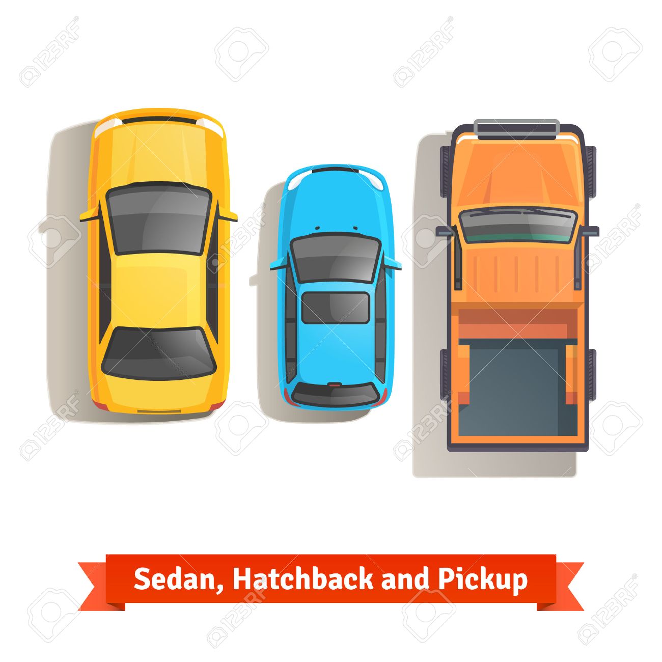 1300x1300 Sedan, Hatchback Cars And Pickup Truck Top View. Flat Style Vector