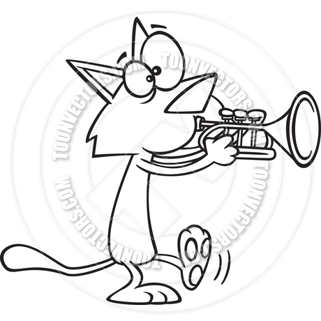 460x460 Cartoon Cat Playing The Trumpet (Black Amp White Line Art) By Ron