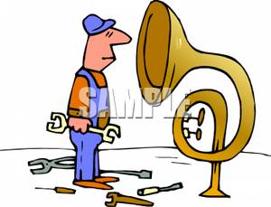 300x229 Man With A Wrench Looking Into A Tuba Clip Art Image