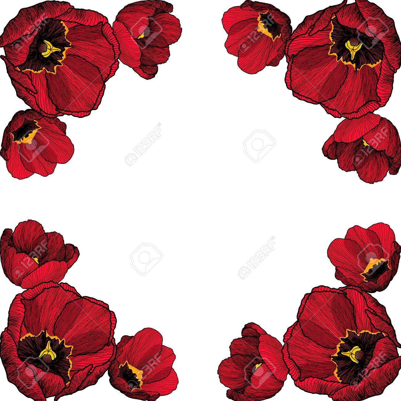 1300x1300 Vector Square Frame With Hand Drawn Ink Graphic Red Tulip Flowers