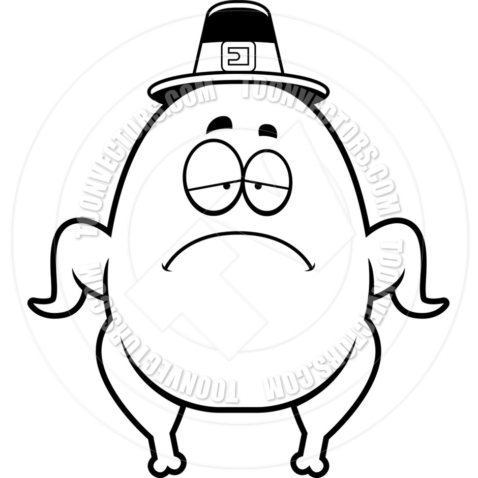 940x940 Cartoon Roast Pilgrim Turkey Sad (Black And White Line Art) By