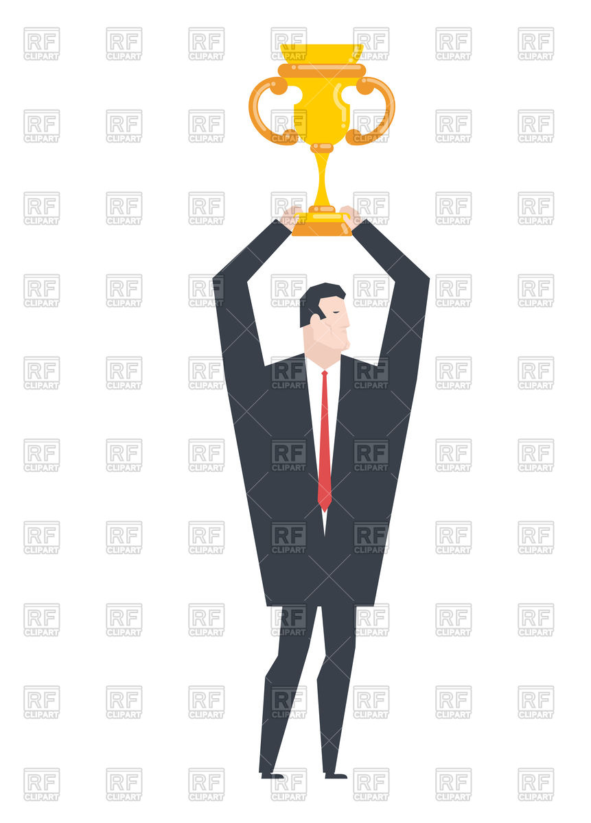 861x1200 Business Winner. Businessman Holds Gold Cup. Royalty Free Vector