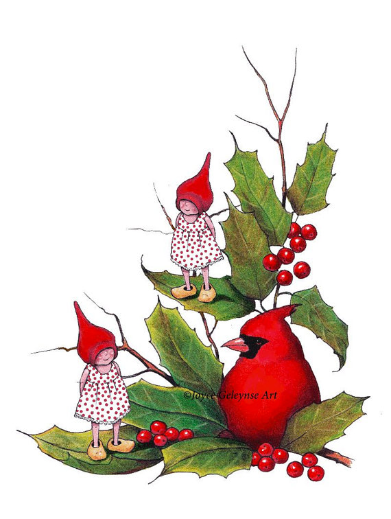 570x756 Christmas Clipart Gnomes With Cardinal Bird Holly Leaves
