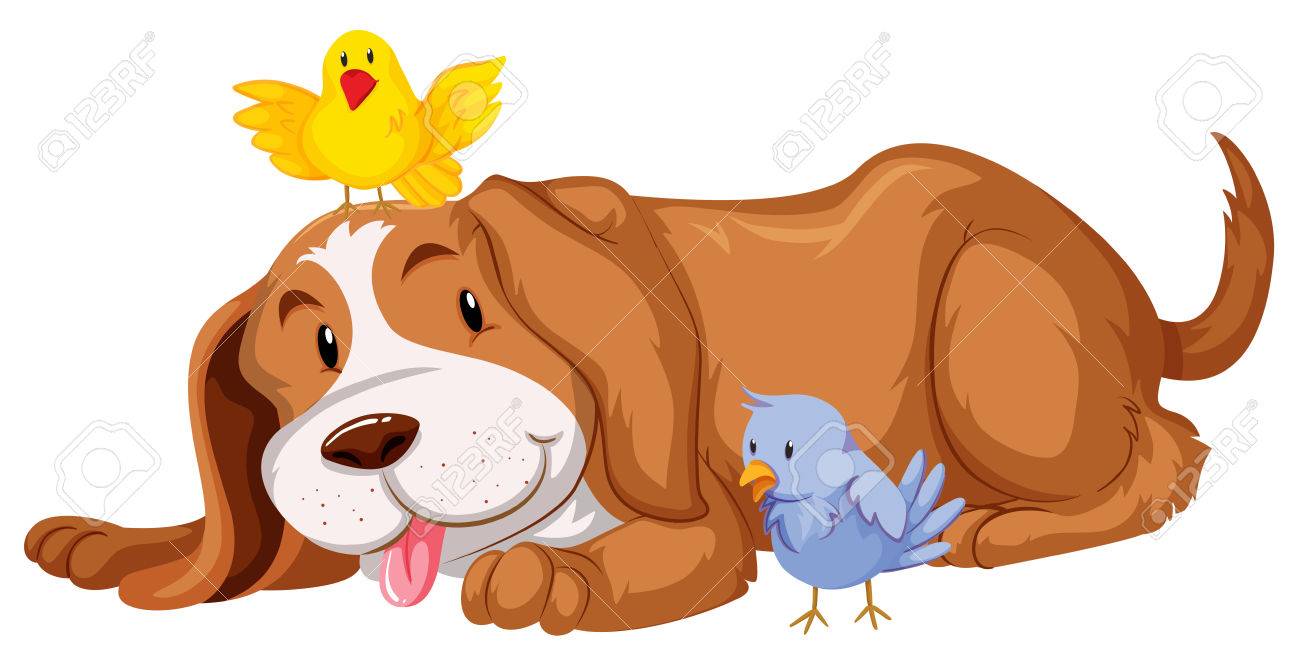 1300x667 Pet Dog With Two Birds Illustration Royalty Free Cliparts, Vectors