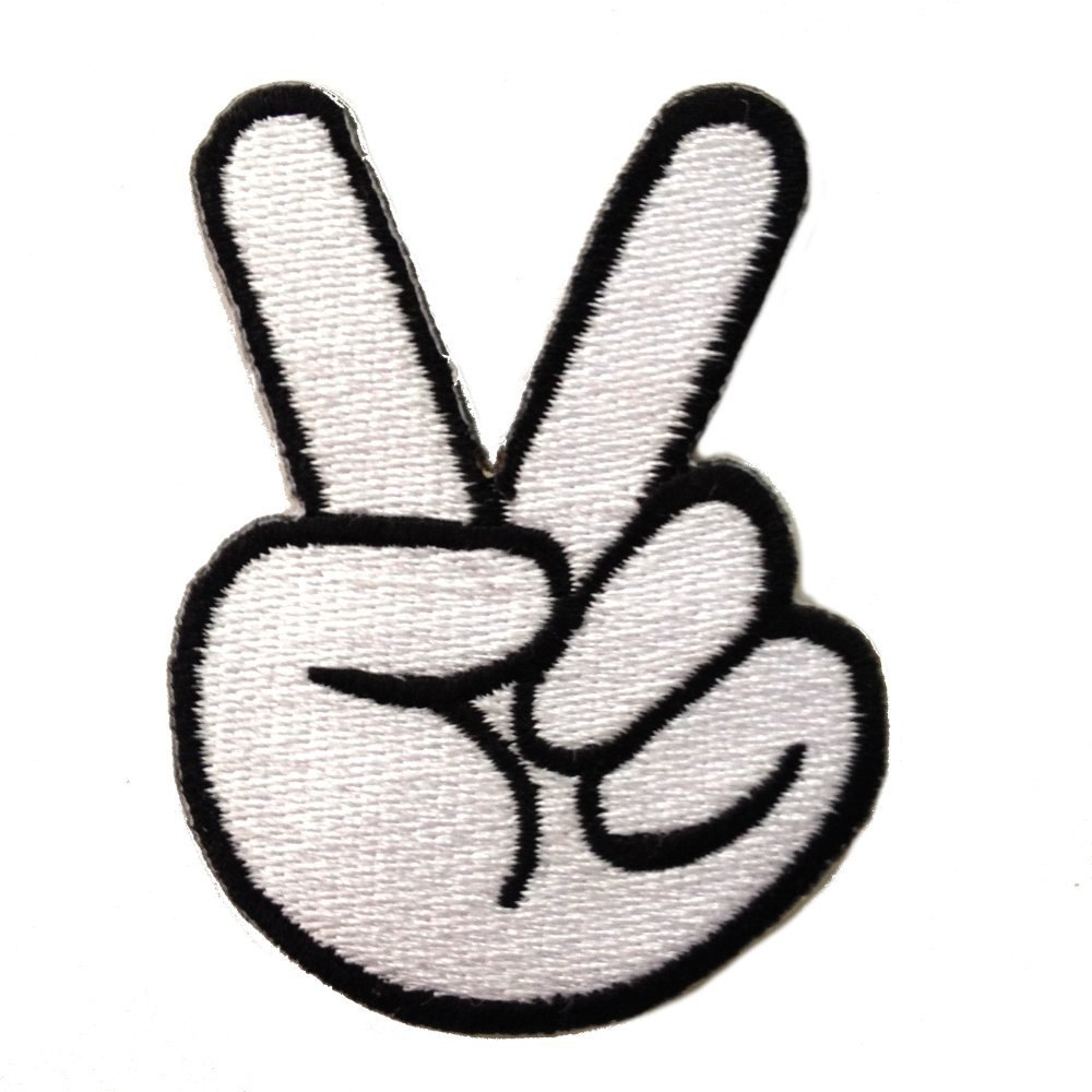 1000x1000 Two Finger Peace Sign Symbol Black White Iron On Embroidered Patch