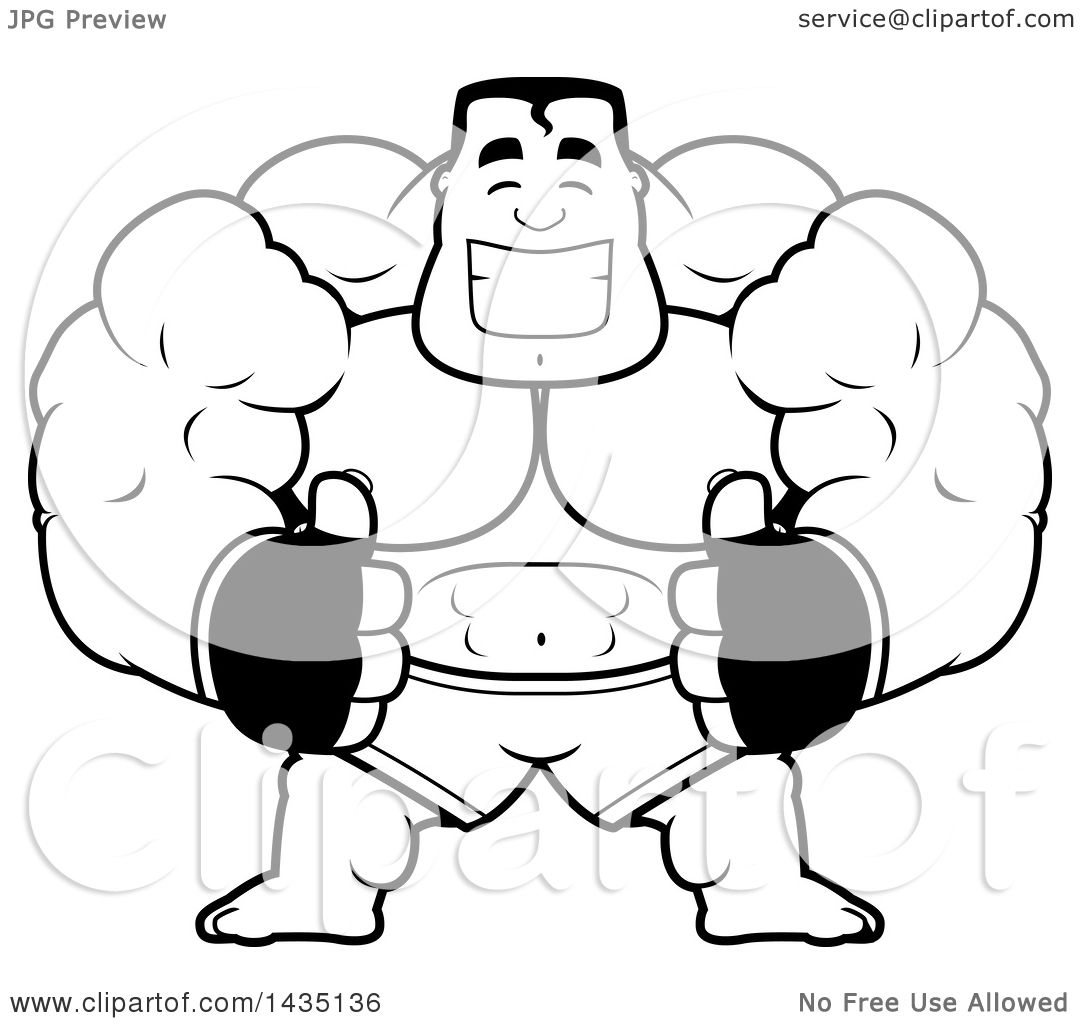1080x1024 Clipart Of A Cartoon Black And White Lineart Buff Muscular Mma