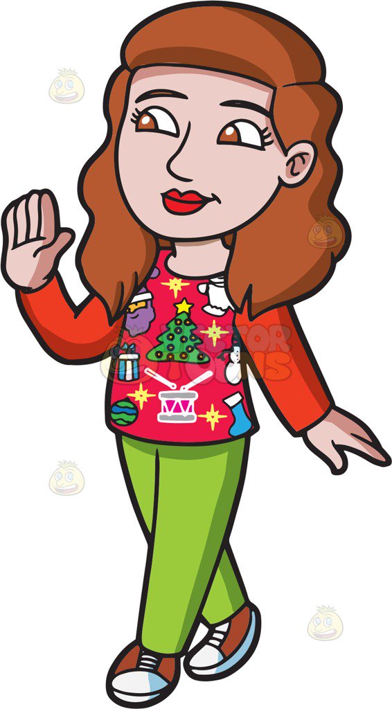 566x1024 A Woman In An Ugly Christmas Sweater Waving Hello Cartoon Clipart