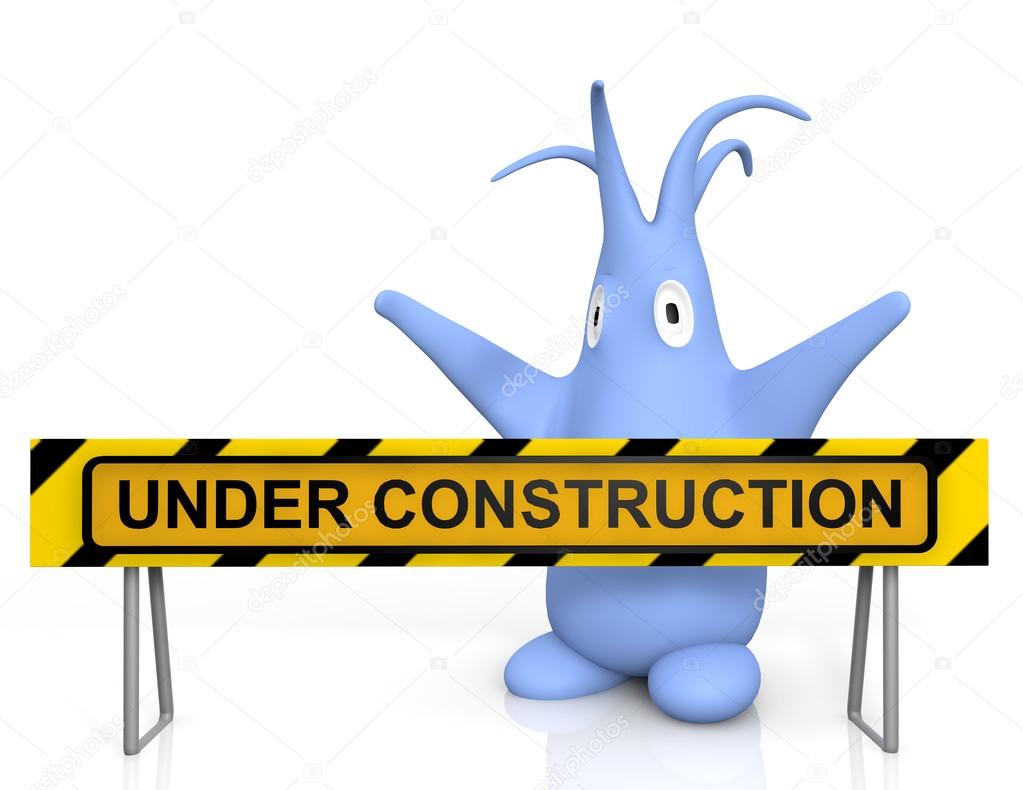 1023x790 Cute Blue Monster And Under Construction Sign Stock Photo