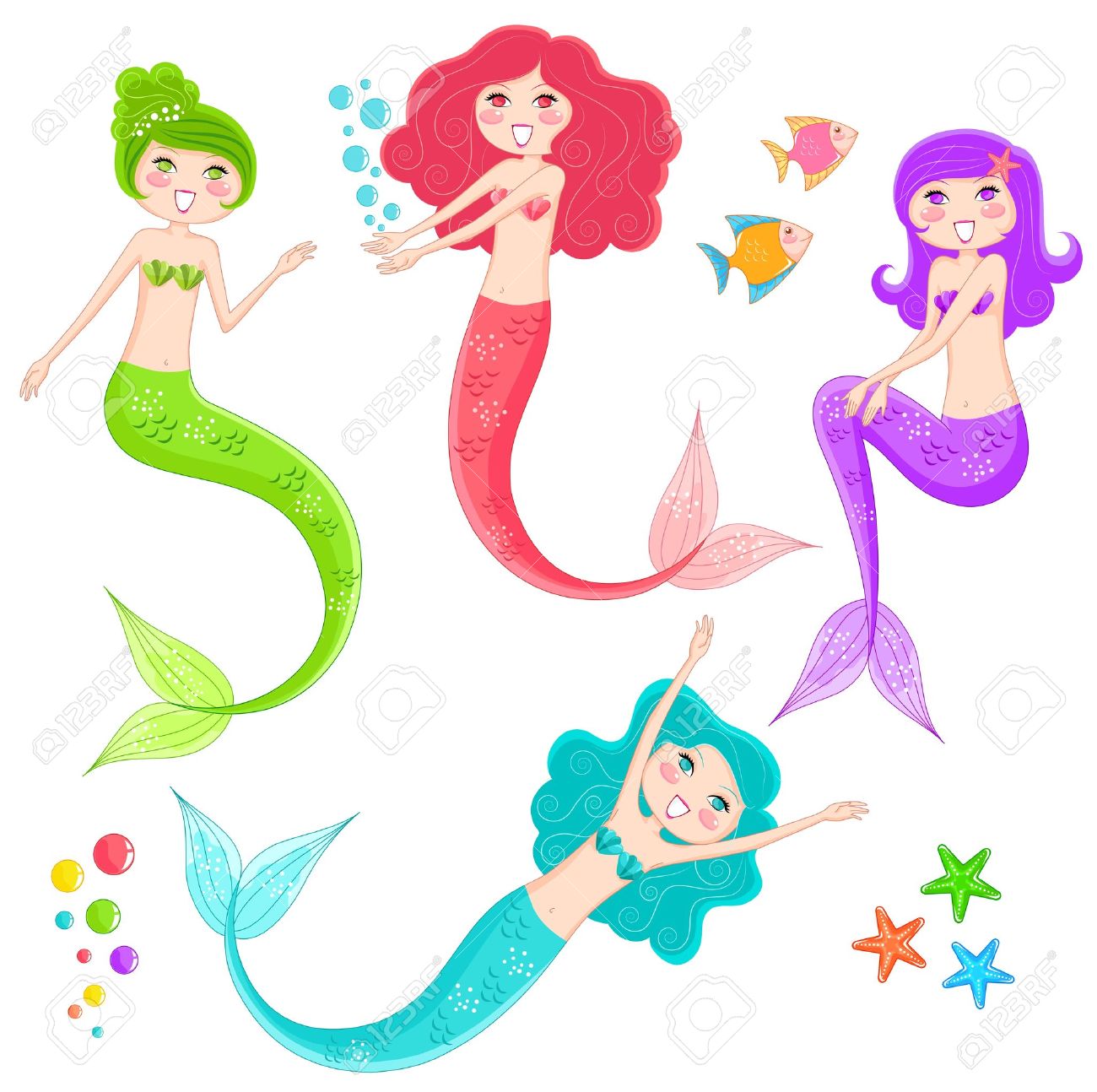 1300x1294 Set Of Mermaids And Underwater Elements Royalty Free Cliparts