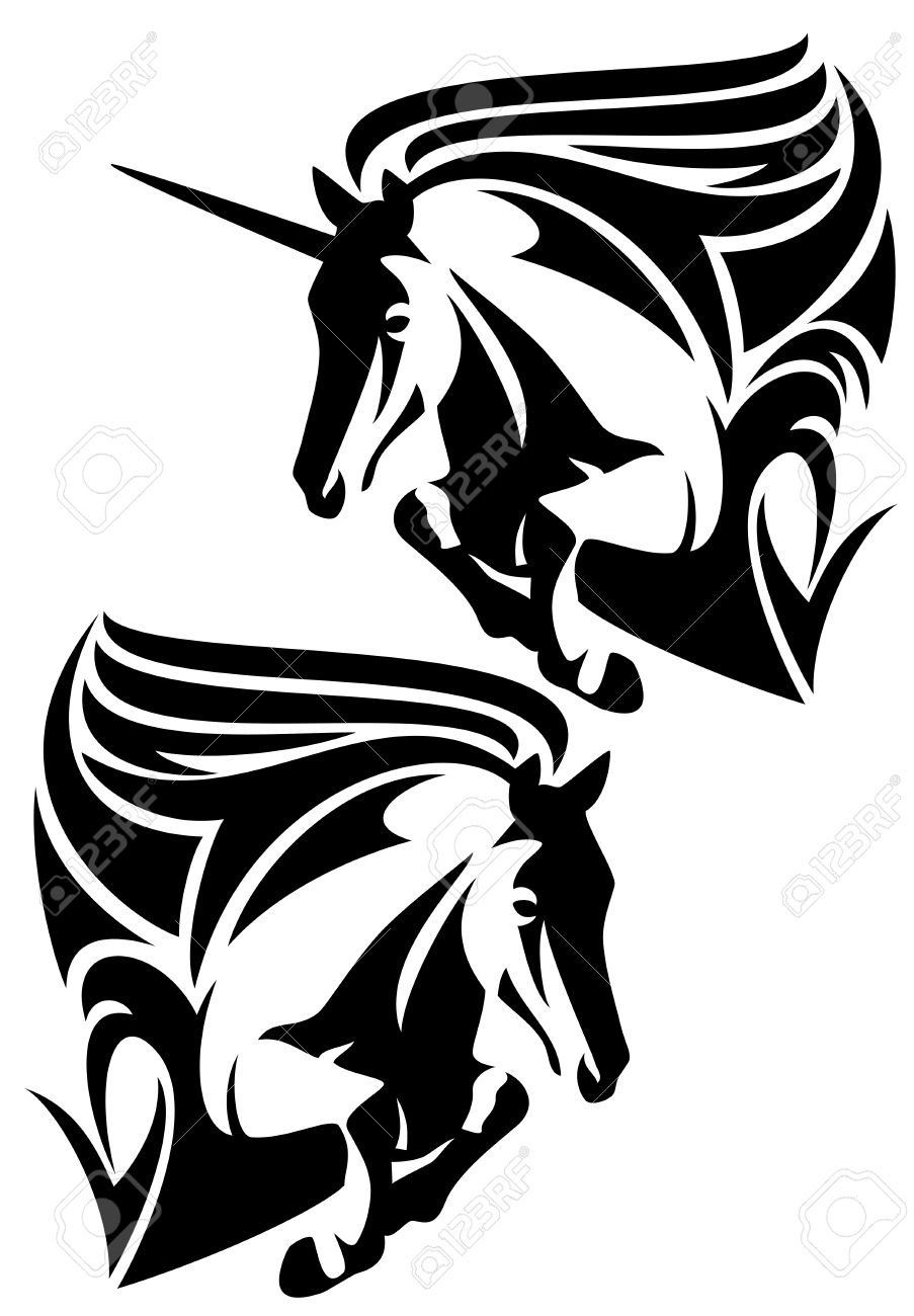 903x1300 Jumping Horse And Unicorn Black And White Vector Design Royalty