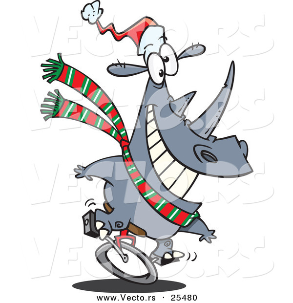 600x620 Cartoon Vector Of A Christmas Rhino Riding A Unicycle And Wearing