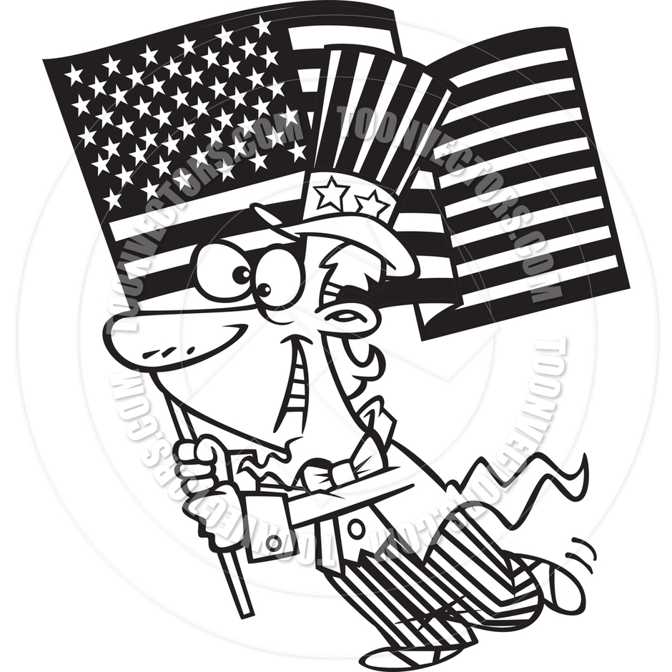 940x940 Cartoon Uncle Sam With American Flag (Black And White Line Art) By