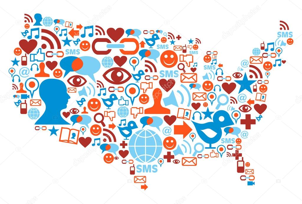 1024x691 Usa Map With Social Media Network Icons Stock Vector Cienpies