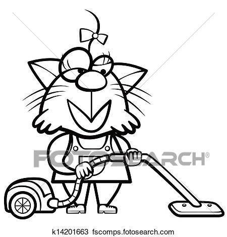 450x470 Clipart Of Coloring Cartoon Cat Housewife With A Vacuum Cleaner