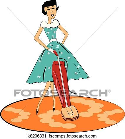 425x470 Clipart Of Retro Mom Vacuuming K8206331