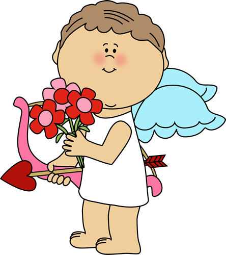 444x500 Valentine's Day Cupid With Flowers Clip Art