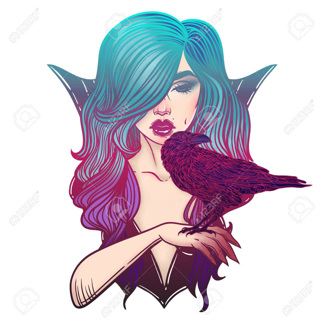 1300x1300 Vampire Girl And Crows. Line Art. Luxury Girl In Pin Up Style