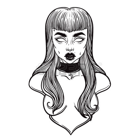 450x450 Vampire Girl Line Art. Hand Drawn Vector Illustration. Black