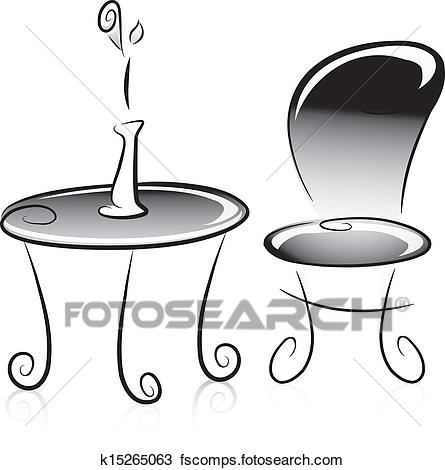 445x470 Clipart Of Flower Vase, Table And Chair In Black And White