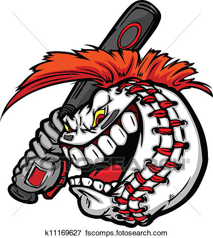 422x470 Clip Art Of Cartoon Baseball Ball Face With Mohawk Hair Holding