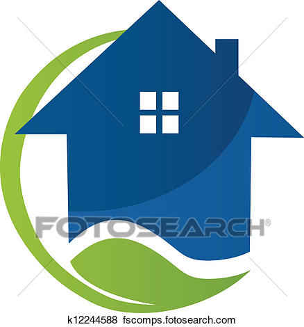 438x470 Clip Art Of Blue House And Leaf Logo Vector K12244588