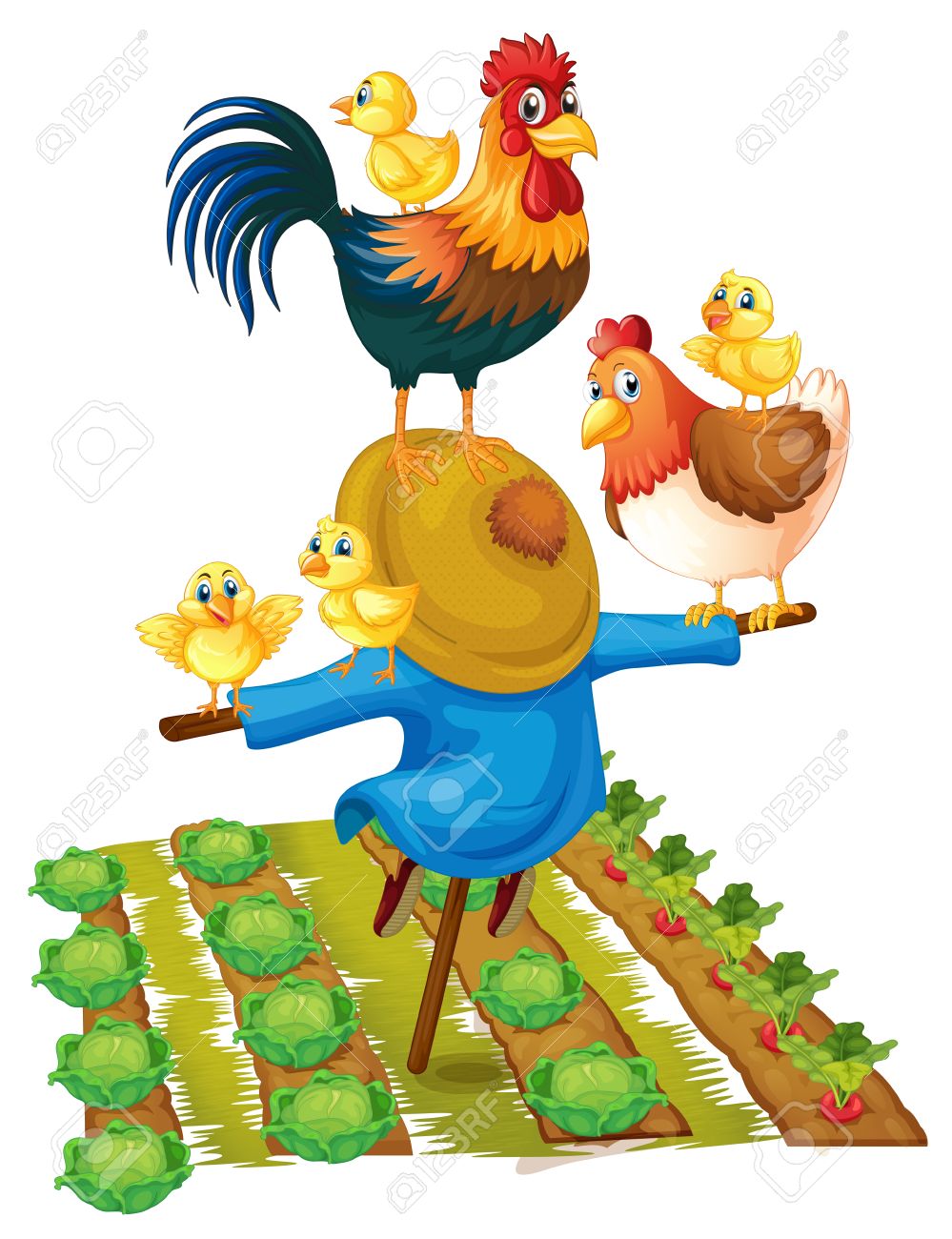999x1300 Scarecrow And Chickens In Vegetable Garden Illustration Royalty