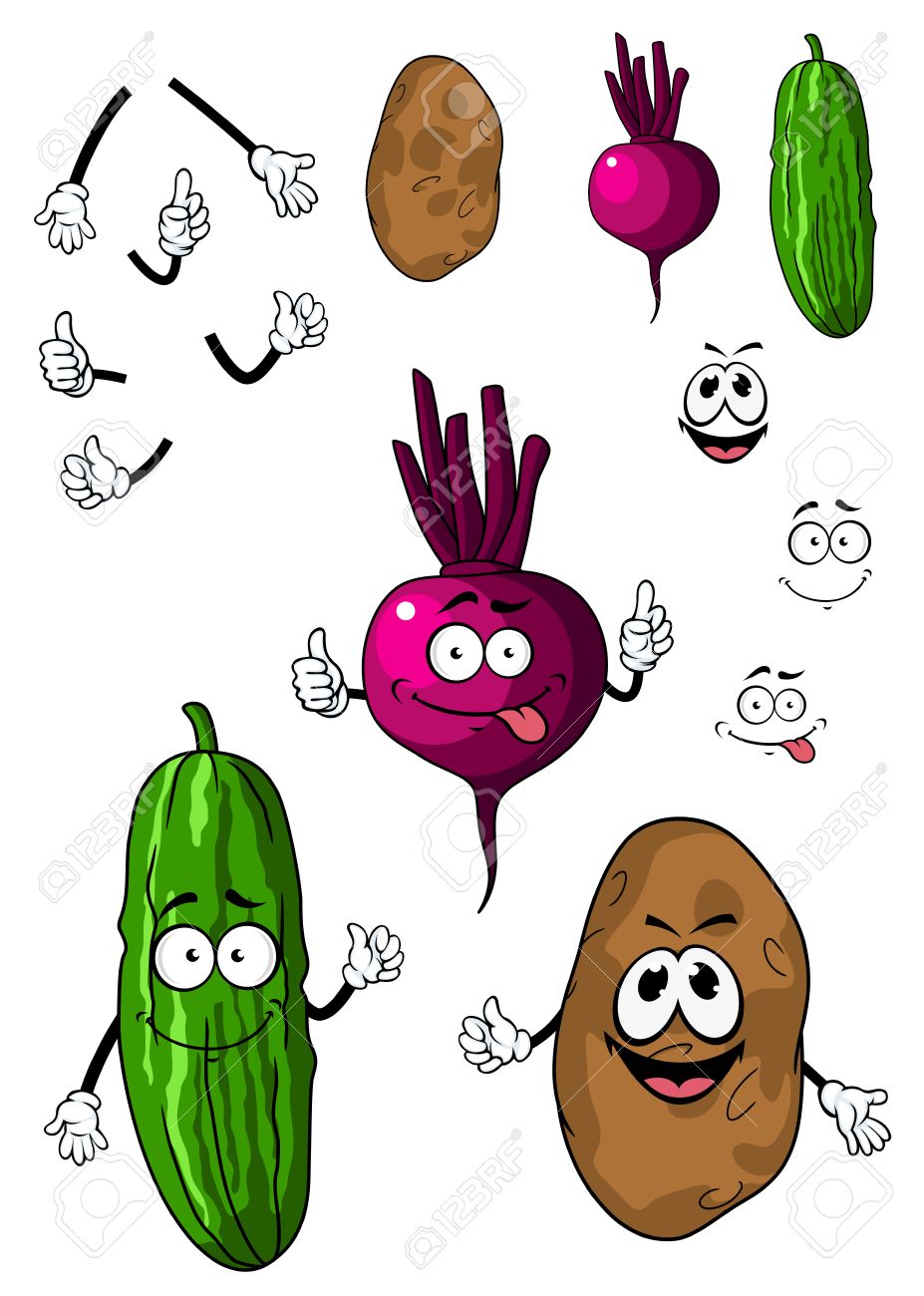 927x1300 Cucumber, Potato And Beet Vegetables In Cartoon Style With Smiling