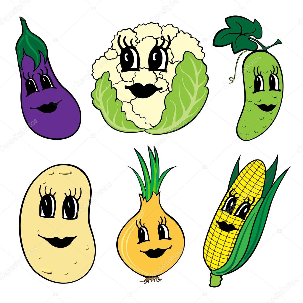 1024x1024 Set Of 6 Funny Cartoon Vegetables With Faces Stock Vector