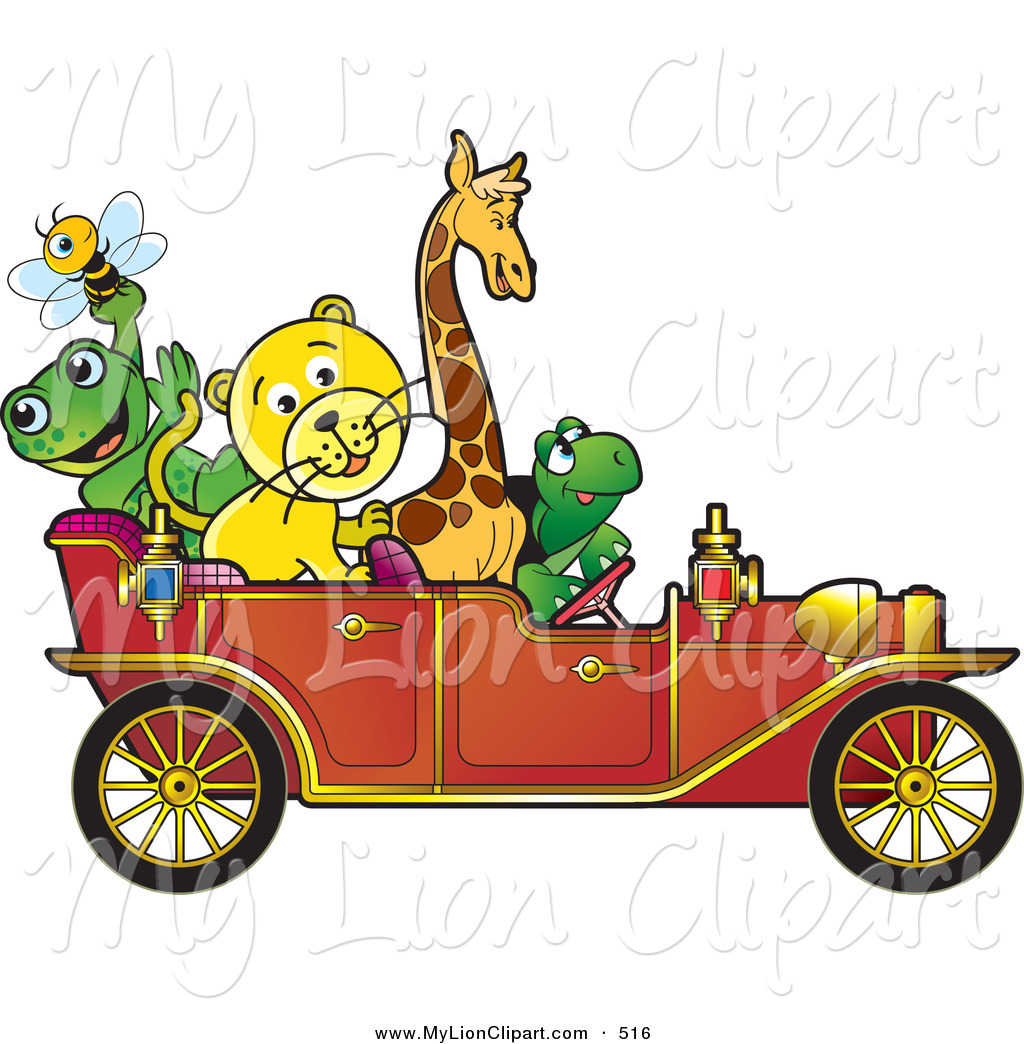 1024x1044 Clipart Of A Group Of Happy Animals Riding In A Red Vintage Car By