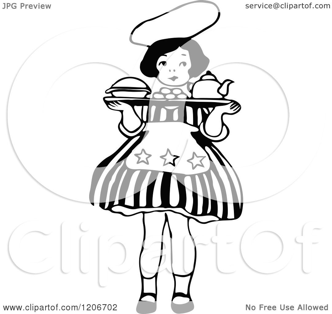 1080x1024 Clipart Of A Vintage Black And White Little Girl Carrying A Tray
