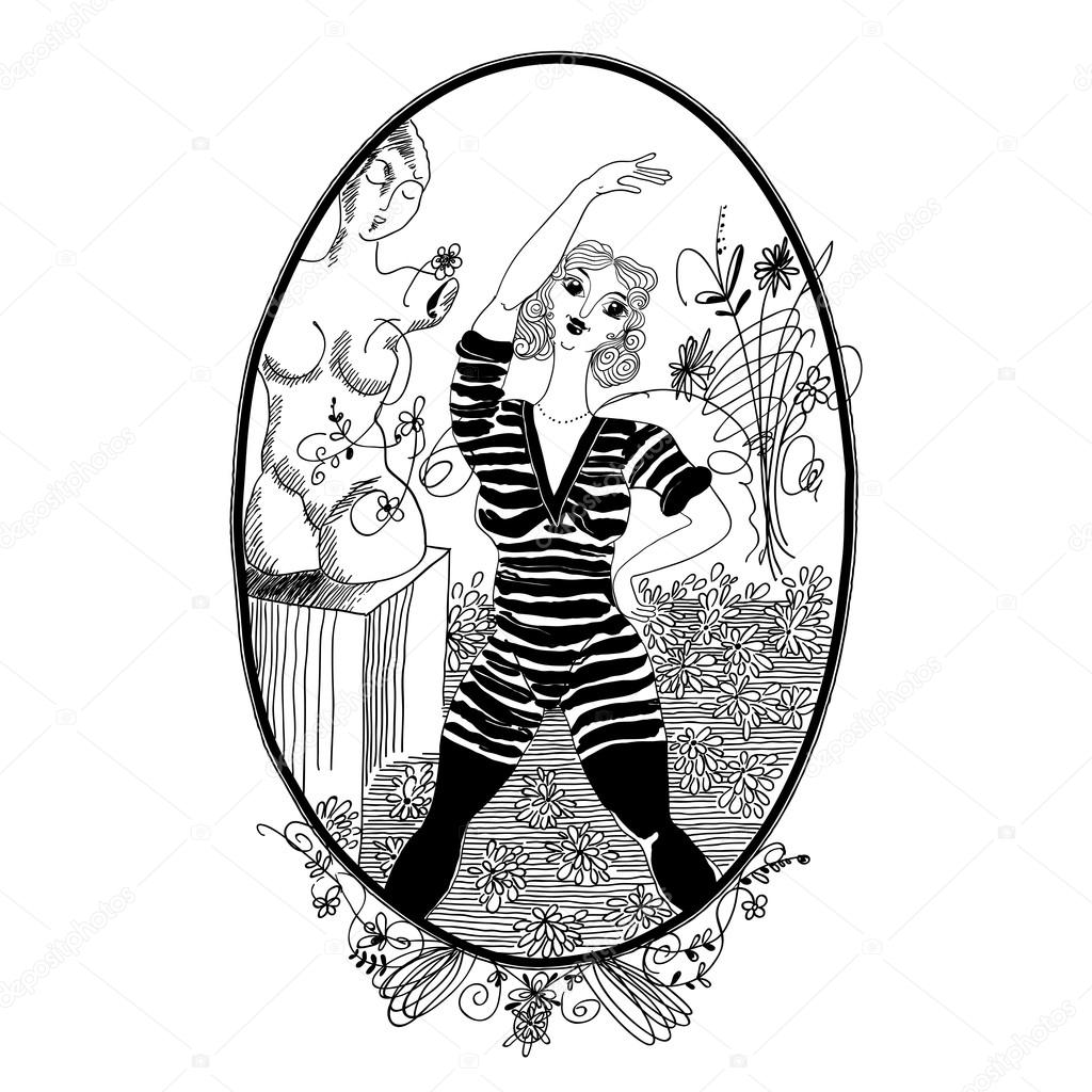 1024x1024 Vintage Girl Doing Morning Exercises. Set Of Illustrations