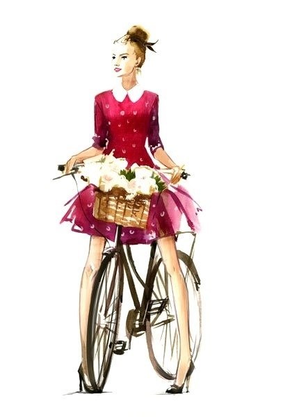 407x600 Girl On Bicycle With Basket Of Flowers Illustraties