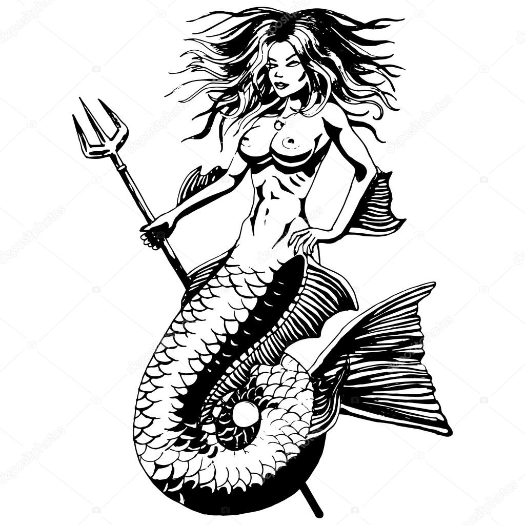 1024x1024 Mermaid. Vintage Drawing Isolated. Vector Stock Vector