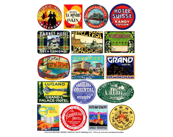 570x452 Hotel Luggage Labels, Digital Download, Vintage Travel Art