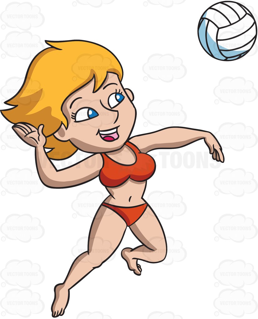 827x1024 A Happy Woman Jumps Up To Spike A Ball Cartoon Clipart